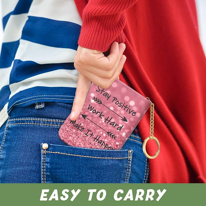 Aiawoxc Credit Card Holder for Women, Small RFID Wallet Slim Leather Card Organizer Case with Zipper and Keychain, Work Hard