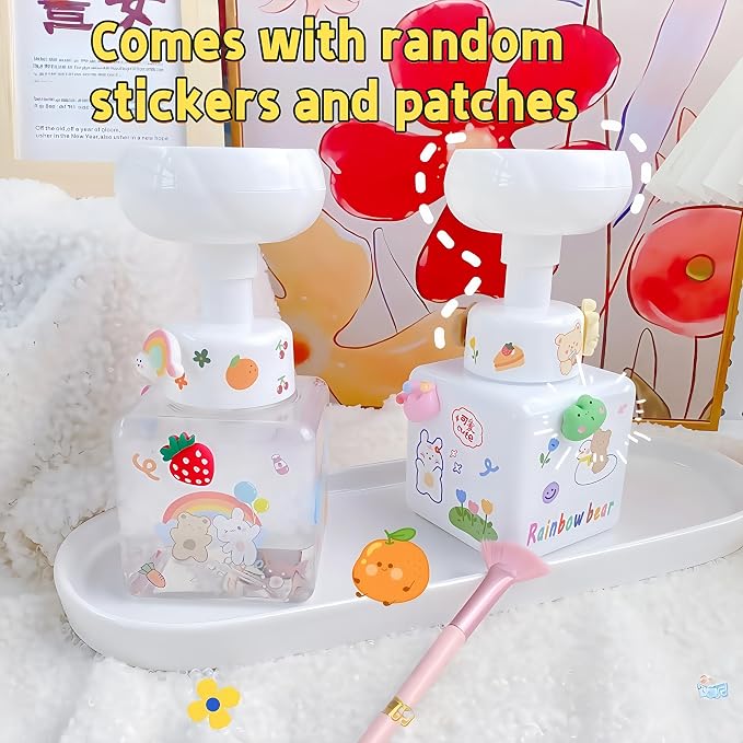 Flower Foam Dispenser Pump Bottle-250ml Reusable Plastic Soap Dispenser for Shampoo, Hand Soap&Bath, Includes Cute Stickers, Perfect for Kids Bathroom Or Kitchen (White)