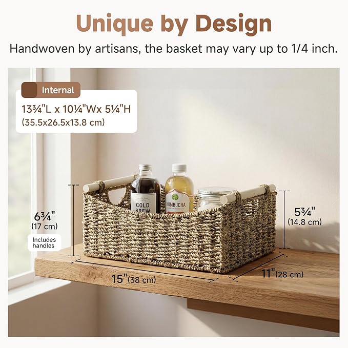 StorageWorks Large Wicker Baskets for Organizing, Seagrass Storage Baskets with Handles, Woven Baskets for Pantry Storage, 15" x 11" x 6¾", 1-Pack