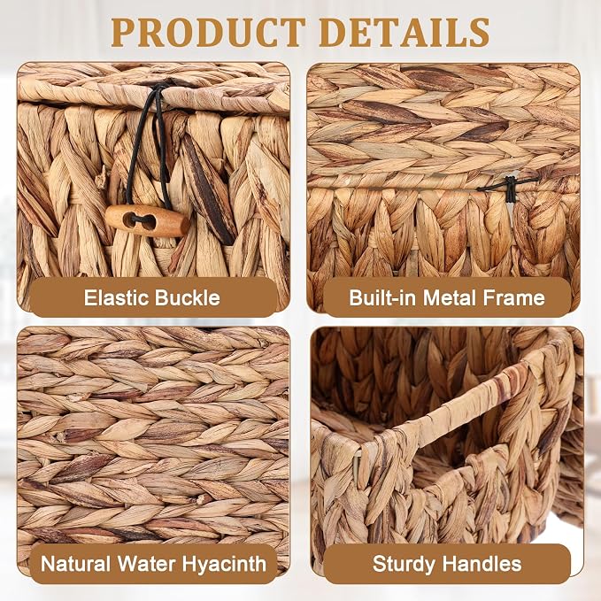 Sumnacon Storage Basket with Lid, Water Hyacinth Shelf Baskets for Organizing, Farmhouse Bathroom Woven Bins for Tampons and Pads, Toilet Paper, Towels,Decorative Organizer Box for Counter, Vanity (M)