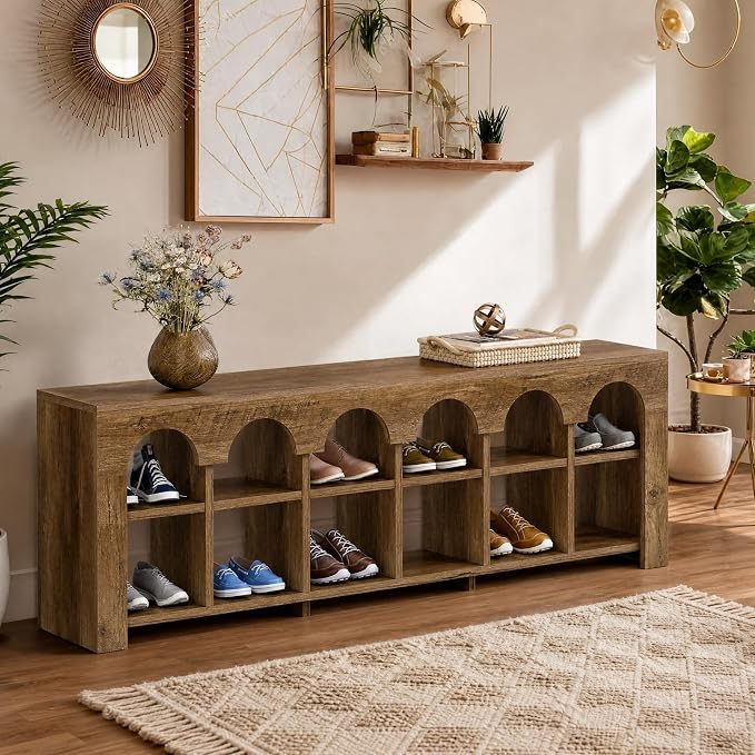 63" Entryway Bench with Shoe Storage, Farmhouse Bench with 12 Cubbies | Stores 12 Pairs, Slim 11.8" Profile, Arched Cubby Design, Shoe Organizer, Ventilated Storage, Wood Bedroom Bench