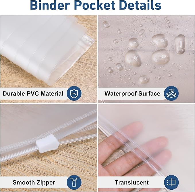 Antner 48 Pack Letter Size Binder Pockets for 3-Ring Binder Zipper Pouch Waterproof PVC Document Organizer 3-Hole Loose Leaf Folders File Sleeves Storage Bags Side Loading for Business Office Supplies