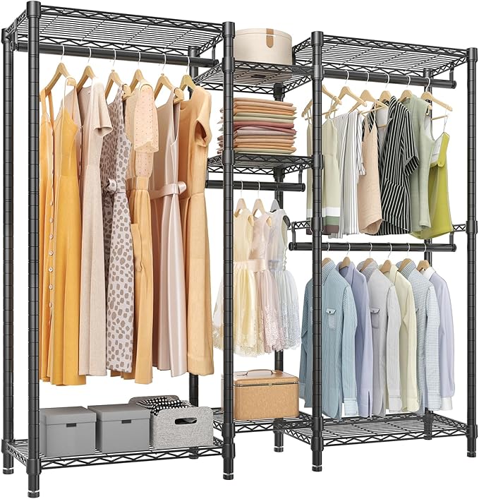 VIPEK Classic V6 Medium Heavy Duty Clothes Rack, 7-Tier Garment Rack with Adjustable Shelves, Portable Closet with 4 Hanging Rods, Space-Saving, 750lbs Capacity, 59.8" L x 14.6" W x 76.4" H, Black