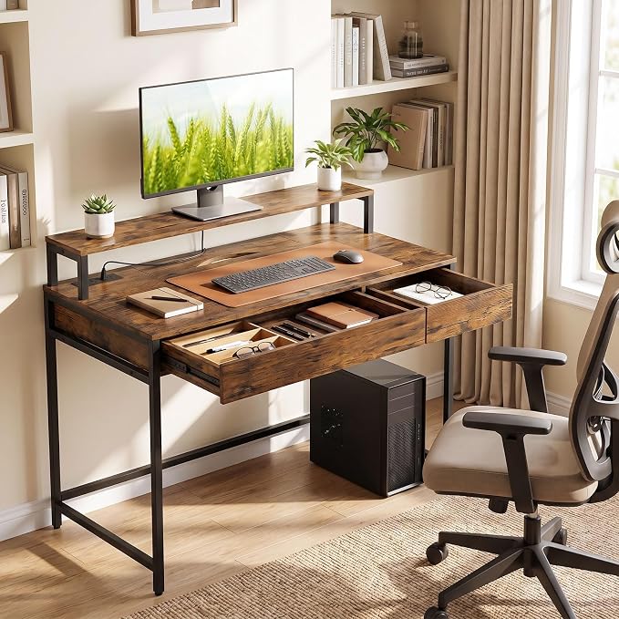 Tangkula Computer Desk with Dual-use Drawer & Keyboard Tray, Home Office Desk with Removable Monitor Shelf & Power Outlets, Modern Writing Desk Study Table for Home Apartment Dorm (Rustic Brown)