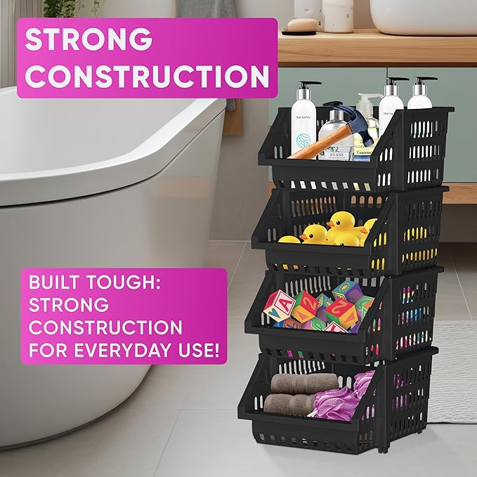Skywin TidyFriend Small Stackable Storage Bins for Toy Organizer and Storage 4 Pack, Toy Storage Organizer for Kids Room and Home Organization (Black)