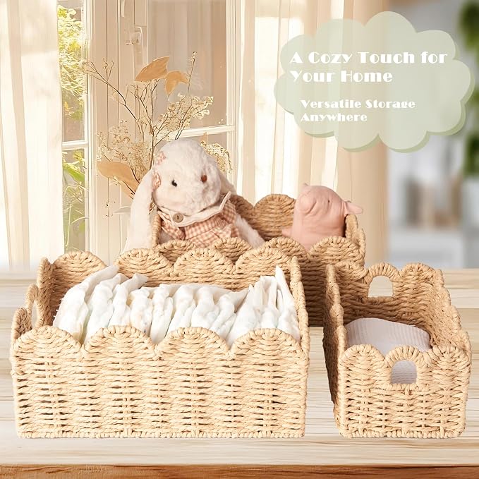 Scalloped Wicker Baskets, Set of 3 Hand-Woven Storage Baskets with Handles - Paper Rope Shelf Organizers & Decorative Baskets for Shelves, Closet, Bathroom (Beige）