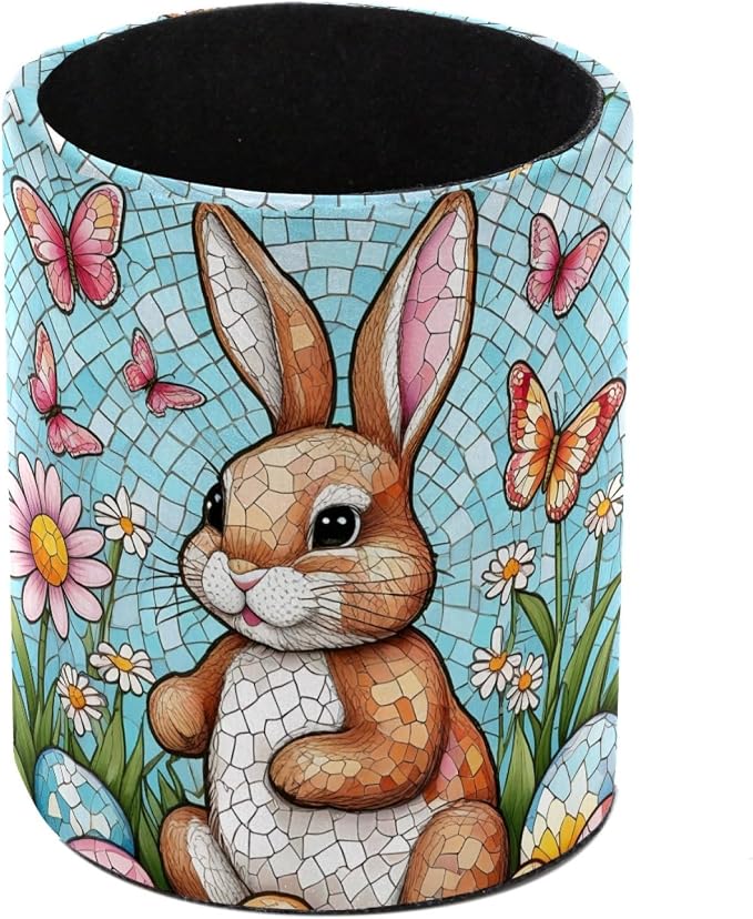 Modern Easter Eggs and Rabbit Pen Holder Pencil Organizer for Desk, 3.1” x 3.1” x 3.9” Pencil Cup Office Supplies, Large Capacity Cute Pen and Makeup Brush Holder for Home, School, Desktop