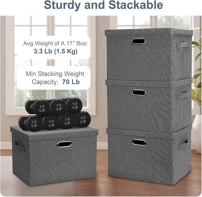 Graciadeco Large 17" 36 Quart Collapsible Stackable Storage Bins with Lids, 1 Pack Grey Foldable Fabric Closet Storage Boxes with Lids, 4 Handles Heavy-duty Linen Cube Baskets for Bedroom