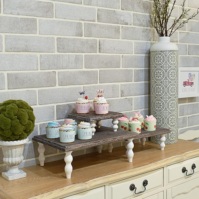 Ikee Design 3 Pcs Set Wooden Display Riser, Cupcake Dessert Display Riser, Countertop Centerpiece Dessert Serving Stand, Artificial Plant Stand for Garden Decor, Coffee Color