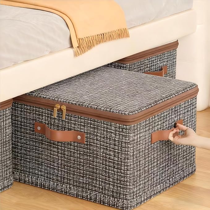 4 Pack 44.3 Quart Fabric Storage Bins with Lid, 17.7x13.8x10.2 in Stackable Closet Organizer Baskets, Foldable Polyester Cube Storage with Handles, Decorative Organizer Boxes for Shelves, Grey