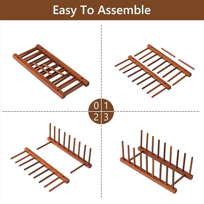 HBlife 2 Packs Teak Wooden Dish Drying Rack Kitchen Storage Plate Organizer | 8 Slots, Vertical Dish Racks for Cabinet Countertop & Wall, Plate Pot Lid Cutting Board Holder, Bowl Cup Drainer, Keep Dry
