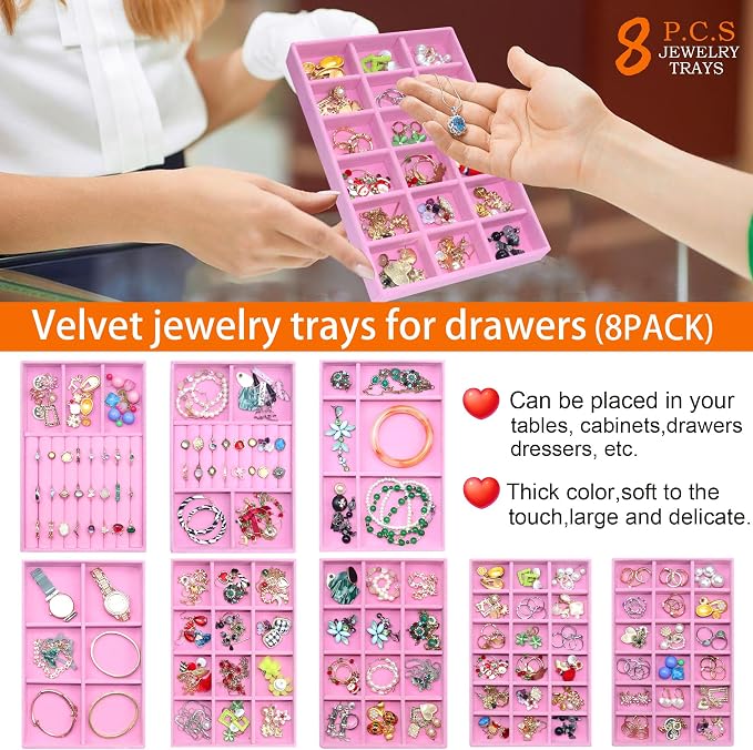 Stackable Jewelry Organizer Trays 8 Set, X-Large Jewelry Display Case Storage for Earring Necklace Rings Bracelet Watch with Removable Dividers