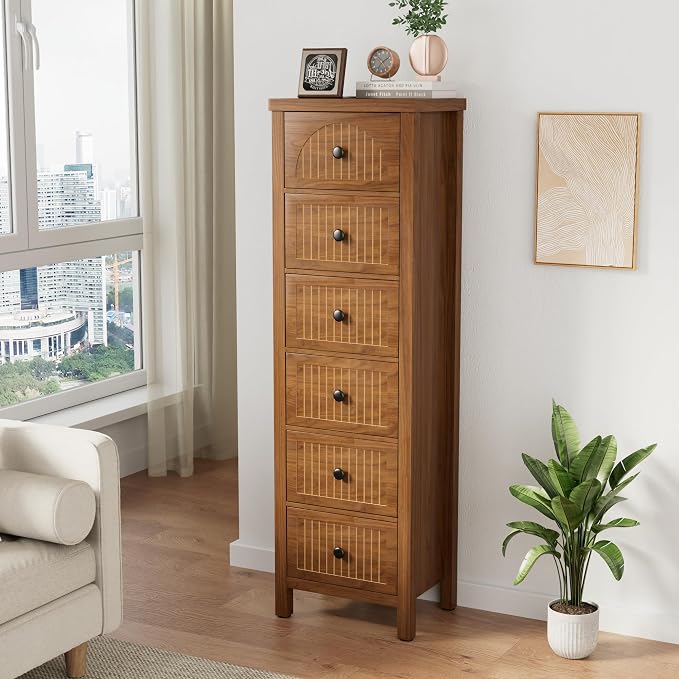 Lxsxlome 6 Drawer Dresser for Bedroom,Modern 52.55'' Tall Wood Chest of Drawers, Storage Organizer with Fluted Panel & Anti-Tip Kit for Closet, Hallway, Living Room,Nursery (Walnut, 6 Drawers)