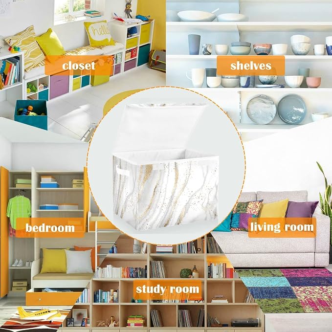 CaTaKu Large Fabric Storage Bins With Lids, Gold White Marble Storage Boxes With Handles for Organizing Clothes, Collapsible Storage Cube Bins Baskets for Shelves