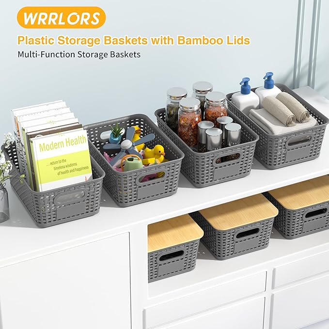 Plastic Storage Baskets with Bamboo Lids and Labels, Stackable Storage Containers, Storage Bins for Organizing Shelves Drawers Desktop Closets Office, 6 Packs-Gray