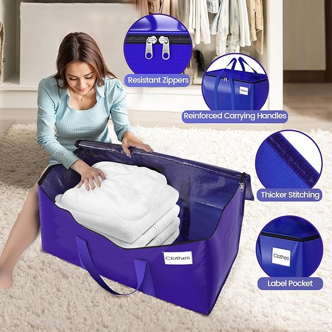 FabSpace 8 Pack Moving Storage Bags Heavy-Duty with Zippers and Reinforced Handles, Moving Supplies Packing Boxes for Moving, Storing, Saving Space, Blue Plastic Storage Totes 93 L(24 Gallon)