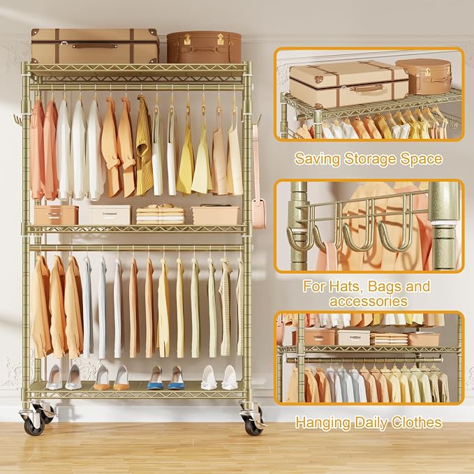 ULIFHOME P1 Rolling Clothes Rack, Portable Wardrobe Closet with Wheels, Heavy-Duty Closet Clothing Rack for Hanging Clothes, 35.5" W x 15.7" D x 80.5" H, Hold 500lbs, Gold