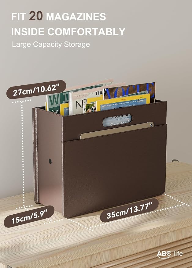ABC life Magazine Holder,Magazine Rack Floor, Brown | Stable Foldable PU Leather Newspaper Book Storage Basket Box, Upgraded Magazine Folder Free Standing, for Room Home Office