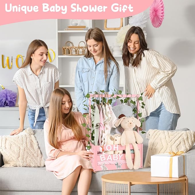 Baby Shower Gifts Basket Wooden Crate, Personalized Wooden Letters and Clothes Hangers New Born Baby Girl Boy Gifts Vine Decorations Cute Closet with Handle Pregnancy Gifts for New Mom Parents Pink