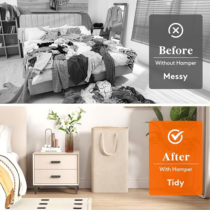 Lifewit Slim Laundry Hamper, Narrow Small Laundry Basket with Handle for Dirty Clothes, Collapsible Tall Thin Laundry Bin for Bathroom Bedroom Dorm College, 65L, Beige