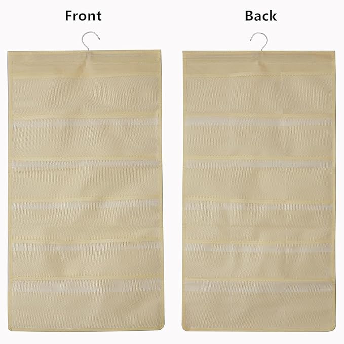 2Pcs Hanging Mesh Pockets Dual-Sided Closet Organizer for Underwear,Bra,Socks,Accessories with Hanger,Total 48 Pockets Beige
