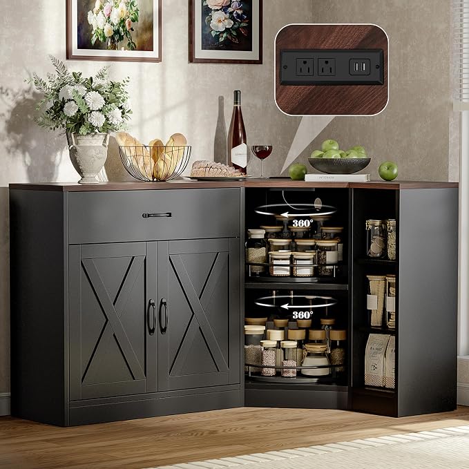 Loomie Corner Cabinet w/Charging Station, Kitchen Pantry Cabinet w/2 Tier Lazy Susan Turntable, Farmhouse Food Pantry w/Drawer & Doors & Adjustable Shelf, L-Shaped Sideboard for Dining Room (Black)