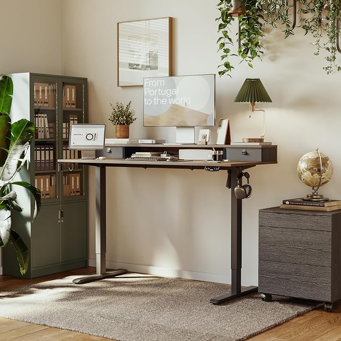 Agilestic 55 x 24 Inches Height Adjustable Electric Standing Desk with 2 Drawers, Stand Up Electric Desk Adjustable Height, Sit Stand Computer Gaming Table with Splice Board, Rustic Brown