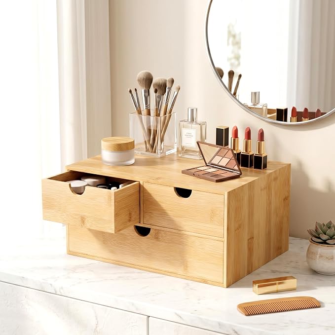 Bamboo Desk Organizer with Drawers, Desktop Storage for Office Supplies | 3 Drawers Desktop organizer, No Assembly Required, Natural Wood Wooden Desktop Drawers Box for Bills, Cosmetics, Seals, Paper