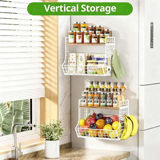 Magnetic Shelf for Fridge with Wood Lid, Fruit Potato and Onion Storage Bins, Pantry Organizers and Storage, Strong Magnetic Spice Rack for Refrigerator, Kitchen Counter and Laundry Room (X-Large)