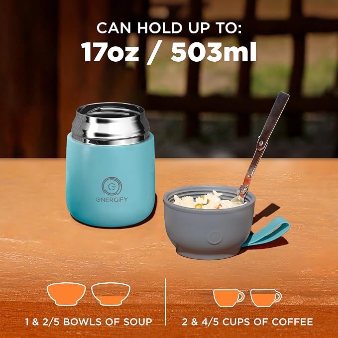 ENERGIFY Vacuum Insulated Food Jar. Large 17oz Bowl incl. Folding Spoon, Cup. Wide Mouth Keep Hot & Cold Drinks Soup Lunch Container for Adults. BPA-Free Stainless Steel, Leak Proof Blue