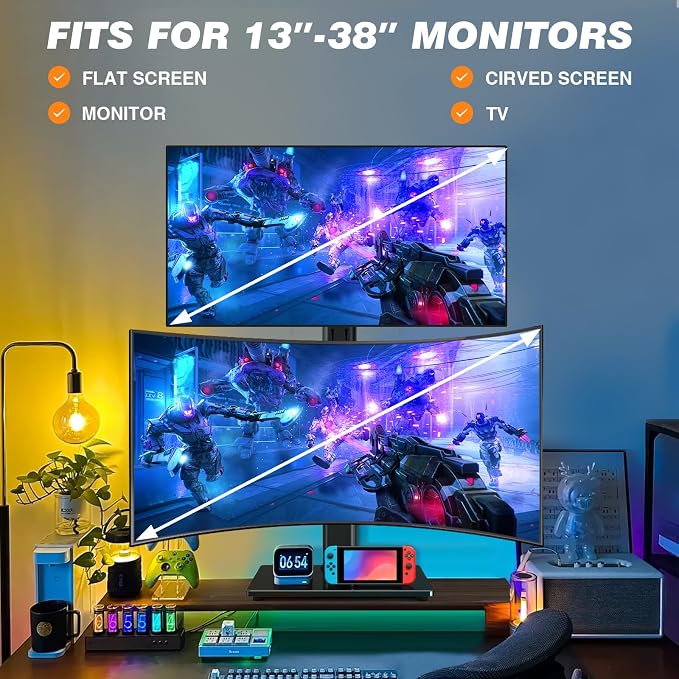Dual Monitor Stand VESA Mount for 13-38 Inch Screens up to 44lbs | Free-Standing Monitor Riser with Swivel, Tilt, Rotation & Height Adjustable, Compatible with VESA 75x75-100x100mm