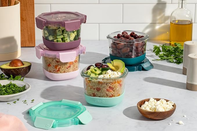 Ello Duraglass Refresh 2 Cup Glass Storage Containers, 4 Pack, Garden Goals | Glass meal prep container set with silicone boots, airtight leakproof BPA-free lids, microwave, freezer & dishwasher safe