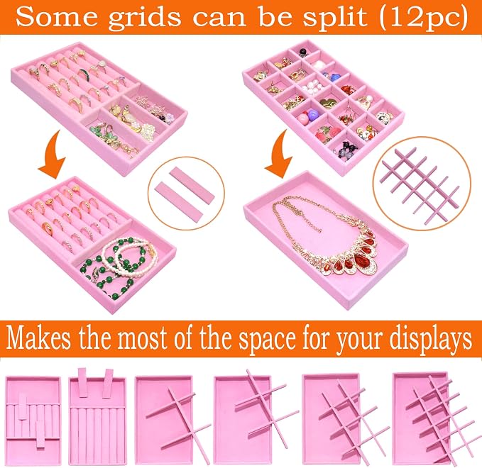 12 Set Jewelry Tray Stackable Velvet Jewelry Organizer Trays for Drawers Inserts Earrings Necklace Rings Jewelry for Women