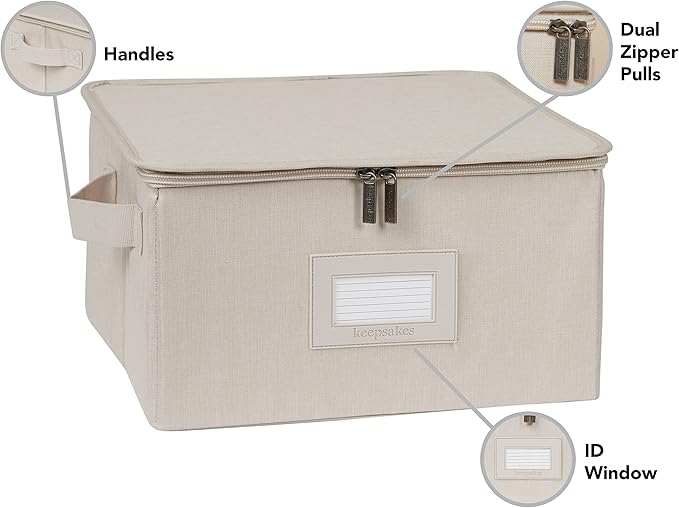 Covermates Keepsakes Zip-Top Storage Box Set, 3 Pack Heavy Duty Polyester Organizer Bins, Stackable Design, ID Window, Reinforced Handles, Closet Home Storage, Beige Heather