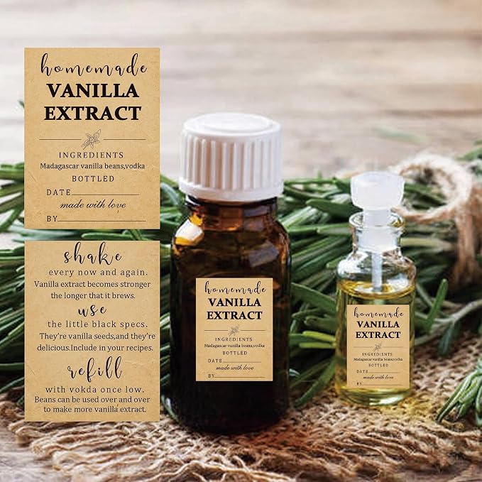 48 Pack Kraft Homemade Vanilla Extract Stickers 1.5×2 inch Square Vanilla Instruction Labels Madagascar Vanilla Beans and Vodka Extract Stickers for Handcrafted Vanilla Bottles,Jar Kitchen Pantry