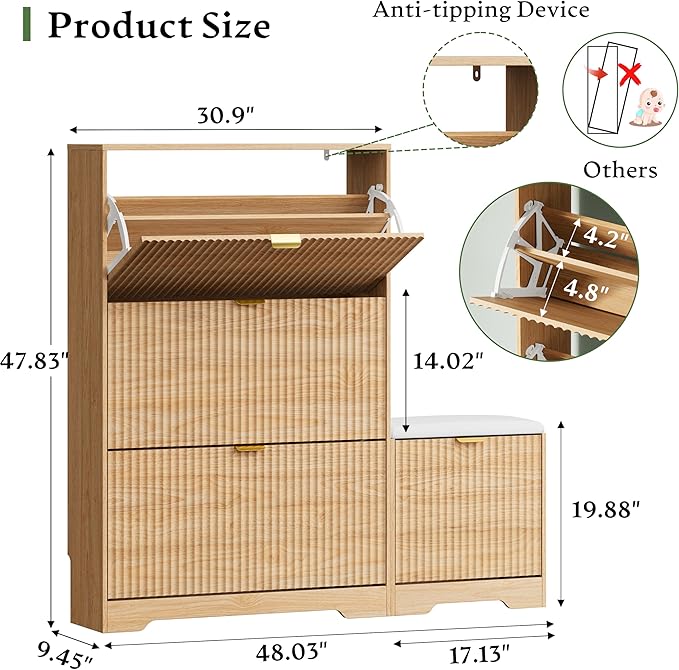 Xixini Shoe Storage Cabinet for Entryway with 3 Flip Drawers & Bench, Slim Wood Shoe Organizer with Modern Fluted Panel, Freestanding Narrow Shoe Rack for Front Door Entrance, Hallway, Foyer, Oak