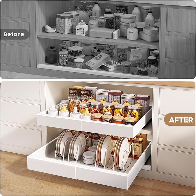 Seinloes 6 Pack Pull out Cabinet Organizer 21"Deep with Raising Pad for Framed Cabinets, Expandable Slide out Drawers for Kitchen Cabinets with 6pcs Divider Racks, Roll out Shelves 12.1"-20.4" W White