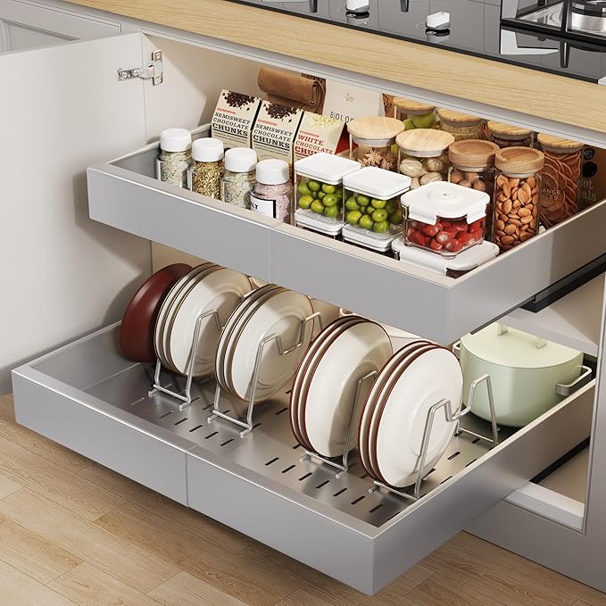 Seinloes 2 Pack Pull out Cabinet Organizer 21"Deep With Raising Pad for Framed Cabinets, Expandable Slide out Drawers for Kitchen Cabinets with 4pcs Divider Racks,Roll out Shelves 12.1"-20.4" W Silver