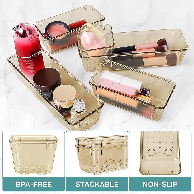 StorMiracle 25 PCS Drawer Organizer Set, 5 Varied Size Bathroom and kitchen Drawer cabinet organizer Trays, Clear Storage Bins for Makeup, Jewelry, Utensils and Gadgets, Champagne