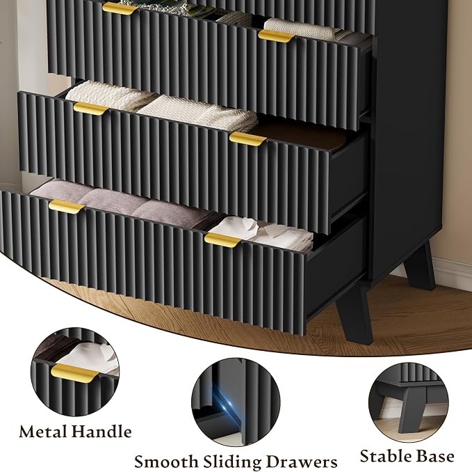 BORNOON 46" Tall Dresser for Bedroom, 6-Drawer Fluted Chest of Drawers, Modern Wood Highboy with Deep Storage, Metal Slides and Handles, Anti-Tip Kit, Vertical Clothes Organizer for Apartment, Nursery