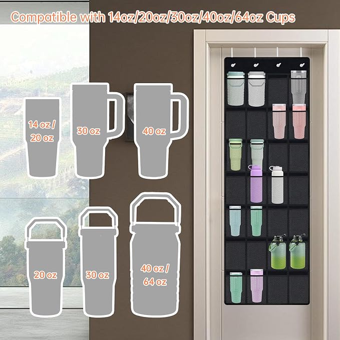 NiHome 28 Pockets Door Hanging Cup Organizer Fit for Stanley Tumbler, Black | Large Capacity Over the Door Water Bottle Organizer, Space-Saving Elastic Mesh Bottle Holder for Kitchen, Pantry, Classroom