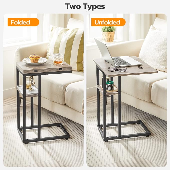 HOOBRO Foldable C Shaped End Table, C Shaped Side Table with Storage Shelf, Small Snack Table, Slide Under Couch Table for Sofa, Living Room Bedroom Small Spaces Easy Assembly, Greige BG29SF01