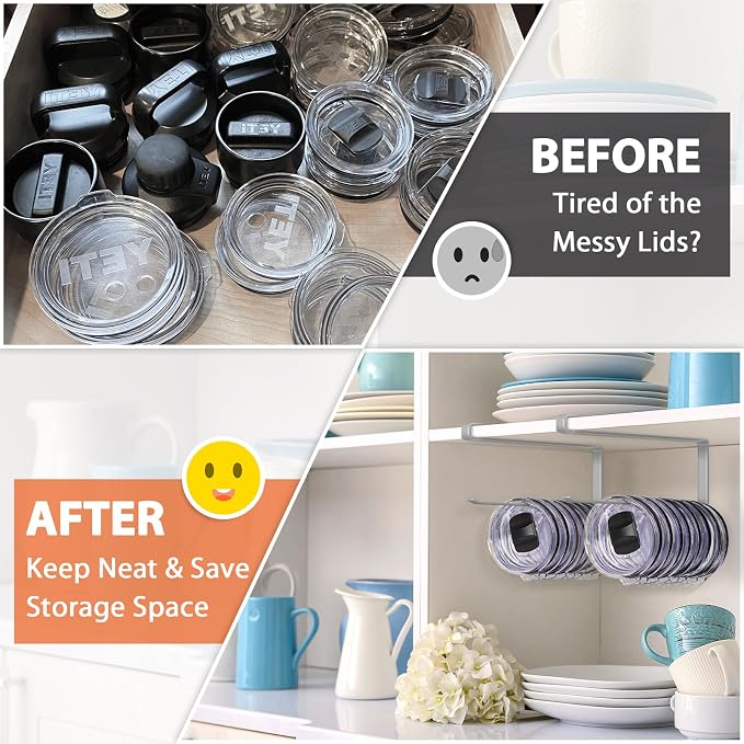 2 Pack Tumbler Lid Organizer, Versatile Tumbler Storage Holds 20 Lids Grey | Space Saving Cup Lid Organizers Inside Cabinet Tumbler Lid Hook for Kitchen Organizer and Storage, Paper Towel Rack Hanger
