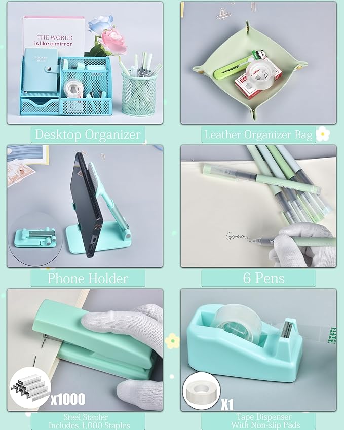 LXEVIHK Green and Blue Desk Accessories, 26Pcs Office Supplies and Desk Organizers, with Tape Dispenser, Stapler, Staple Remover, Ect,Christmas Gifts