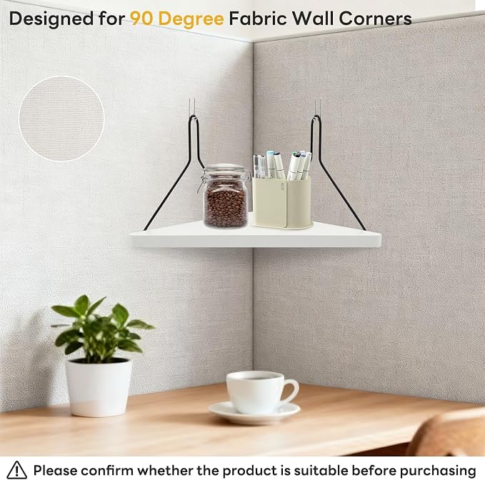 Fabric Wall Cubicle Corner Shelf with Hooks 11.8 Inch Wooden Triangular Cubicle Corner Shelf for Office Fabric Walls Display Storage Hanging Organizer for Work Decor Small Planter(White，1 PCS)