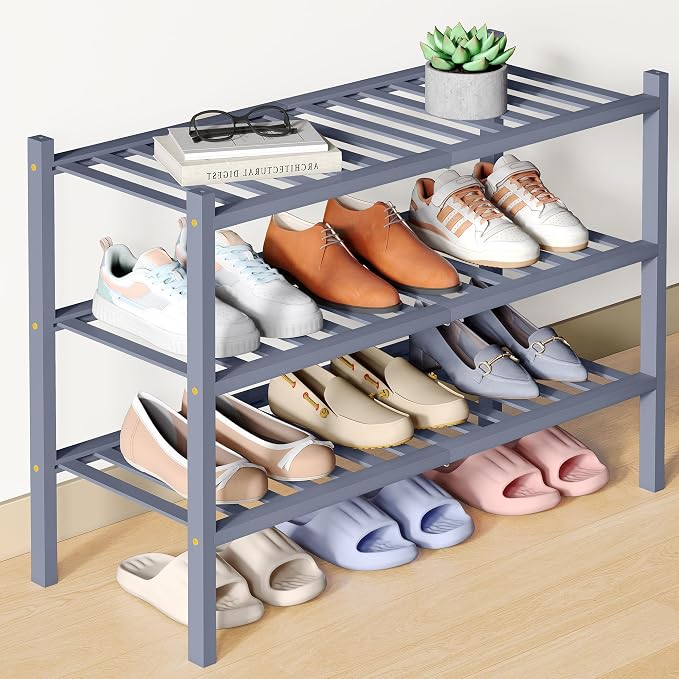 Smiry Bamboo Shoe Rack for Closet, 3 Tier Wooden Shoe Organizer, Stackable Wood Shoe Storage Shelf for Entryway, 14 Vertical Slats, One-piece Heavy-Duty Legs, 26.77"x11.02"x18.31", Grey