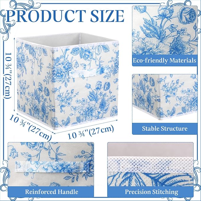 Geelin 6 Pcs Blue Floral Cube Storage Bins 11 Inch Blue Flower Storage Basket with Handle, Preppy Girls Organizer Basket, Collapsible Fabric Box for Classroom Bedrooms Office Home Decoration Gift