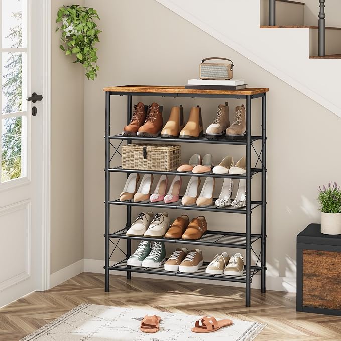 Tajsoon 6 Tier Shoe Rack Organizer for 20-24 Pairs of Shoes, Metal Mesh Shoe Shelf for Closet, Industrial Shoe Rack for Entryway Shoe Storage with X Shape Fixed Frame, Rustic Brown & Black