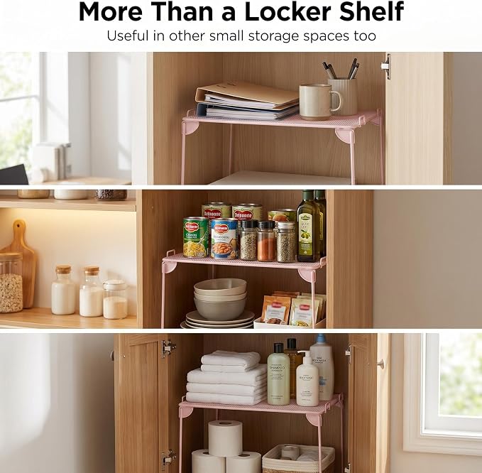 Neudeco Pack 2, Mesh Locker Shelf, Stackable Extra Tall Locker Organizer, Collapsible and Metal Build, Fits Standard Size School Locker, Suitable for Work, Kitchen, Bathroom (Pink)