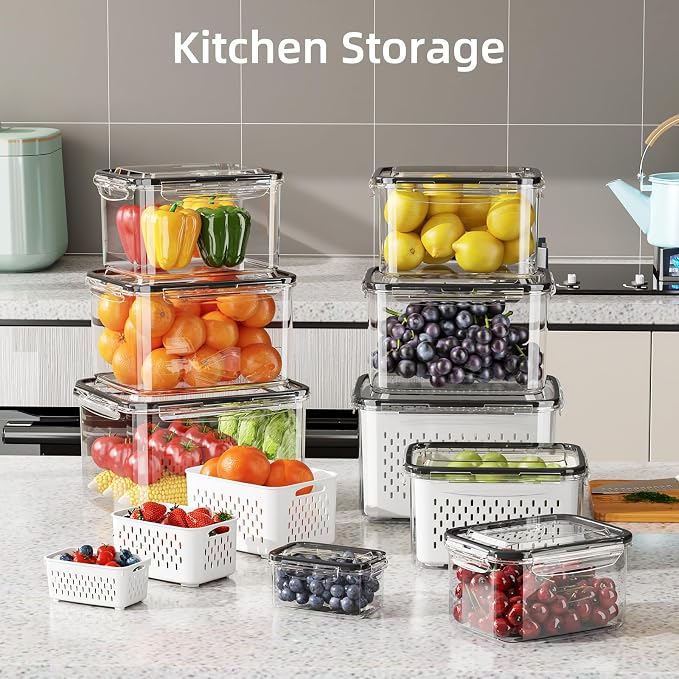 Fruit Storage Container for Fridge with Removable Colander, 8 Pack | Leakproof Produce Containers for Fridge, Airtight Food Storage Container, Keep Fruit, Veggies, Berry, Salad Fresh Longer